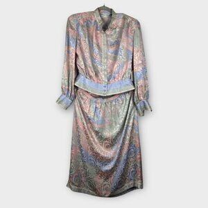 Anne Crimmins for Umi Collections 80s Silk Blouse Skirt Set Pastels Satin Sz 14